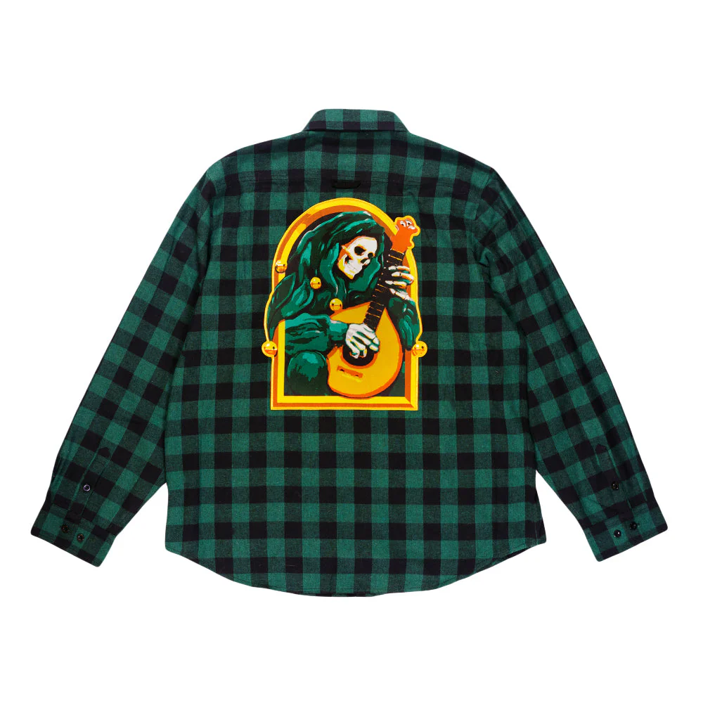 Grassroots - Stanley Mouse Mandolin Jester Never Summer Green Flannel Shirt - Image 2
